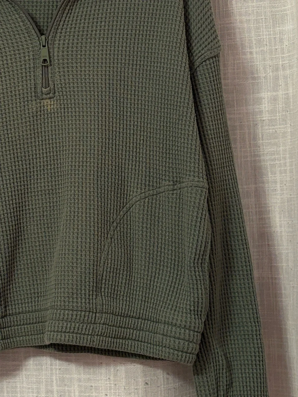 Aerie Waffle Knit Sage Green Quarter Zip Cropped Sweatshirt